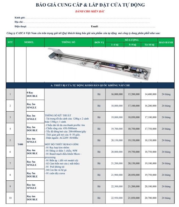 Đơn báo giá cửa tự động Hàn Quốc