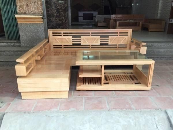 Bàn ghế sofa phòng khách chung cư gỗ sồi tay trứng