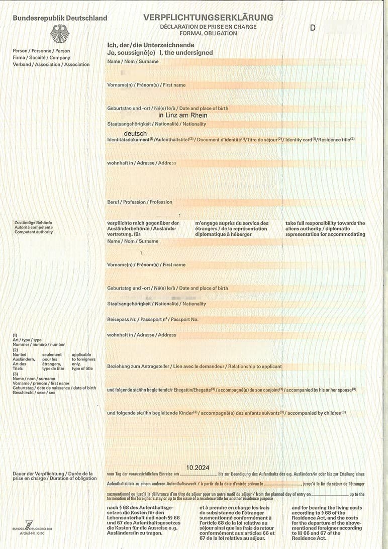 Mẫu hồ sơ - Thủ tục xin visa đi Đức thăm thân