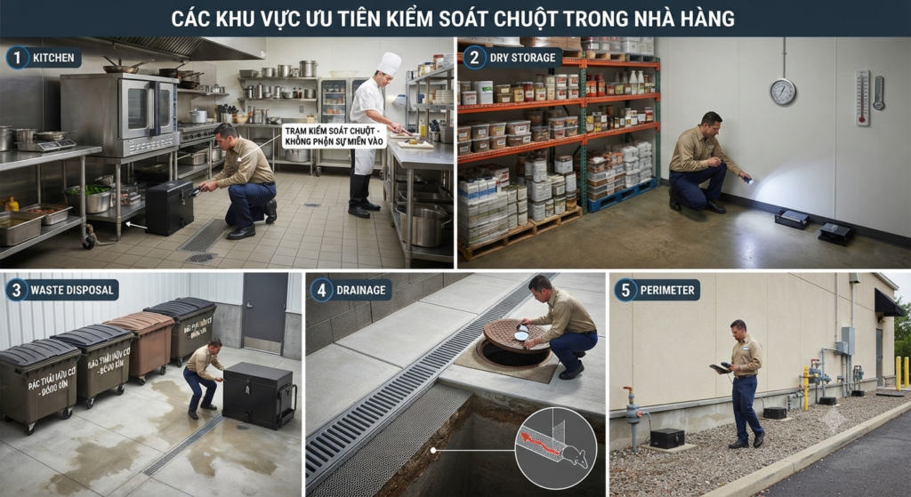 Các khu vực cần ưu tiên kiểm soát chuột trong nhà hàng