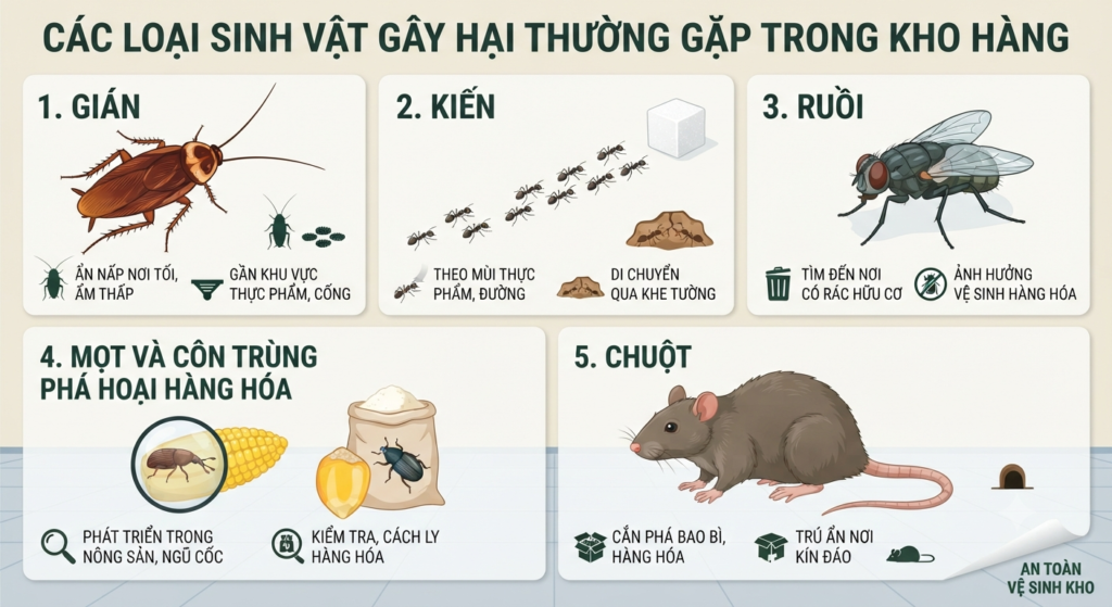 Những loại sinh vật và côn trùng gây hại thường xuất hiện trong nhà kho